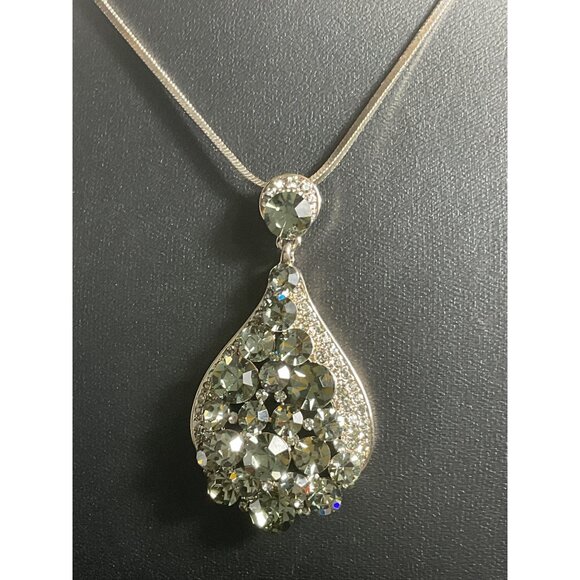 Long Silver Necklace With Teardrop Crystal Pendant & Rhinestone Accents - Picture 5 of 5